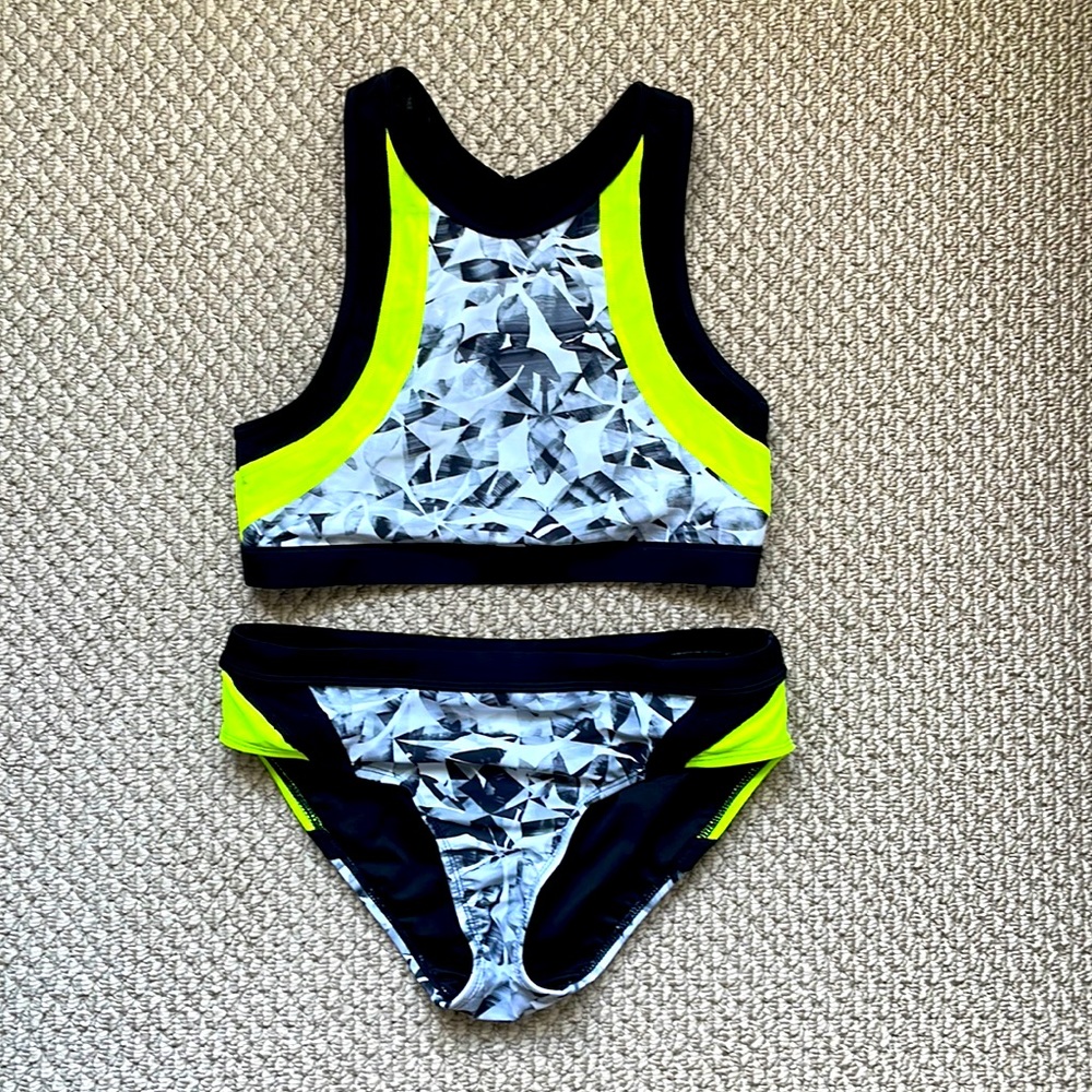 Athleta Streamline Bikini Black/White Design with Green Accent Size Small